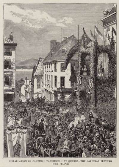 Installatie van kardinaal Taschereau in Quebec, de kardinaal zegent het volk (gravure) door English School