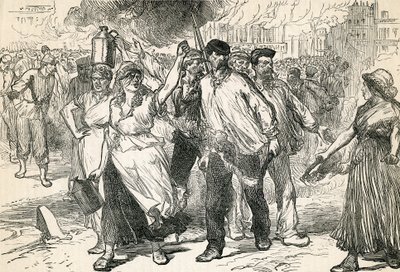 Opstandelingen die de straten van Parijs verwoesten, genomen uit Cassells geïllustreerde geschiedenis, 1872 door English School