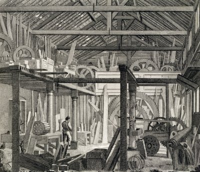 Interieur van John Bunyans Meeting House in Zoar Street, Gravel Lane, Southwark, gebruikt als werkplaats en zagerij door English School