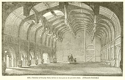 Interieur van Crosby Hall, voordat het in de huidige staat werd gebracht (vijftiende eeuw) door English School