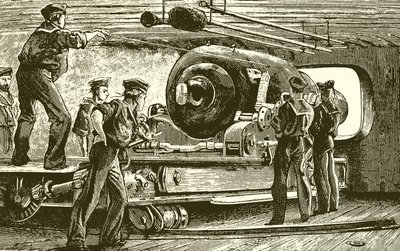 Interieur van een torentje van een ijzeren schip door English School