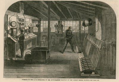 Interieur van de A, B, seinhuis van de South-Eastern Railway bij het London Bridge station door English School