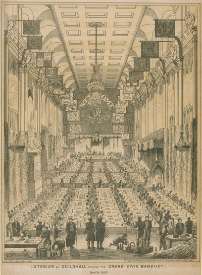 Interieur van de Guildhall tijdens het grote burgerbanket, 9 november 1837 door English School