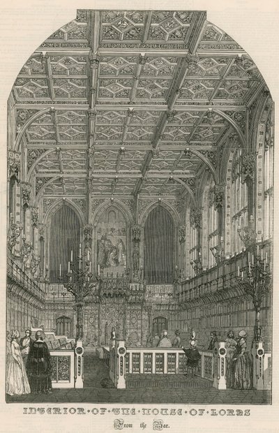 Interieur van het House of Lords, Westminster, Londen, vanuit de bar door English School
