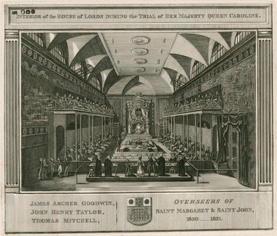 Interieur van het Hogerhuis tijdens het proces van Hare Majesteit Koningin Caroline door English School