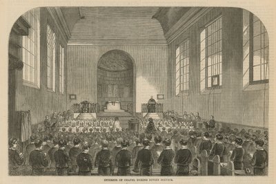 Interieur van de kapel tijdens de eredienst door English School