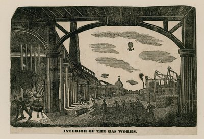 Interieur van de gasfabriek, Brick Lane, Spitalfields, Londen, circa 1820 door English School