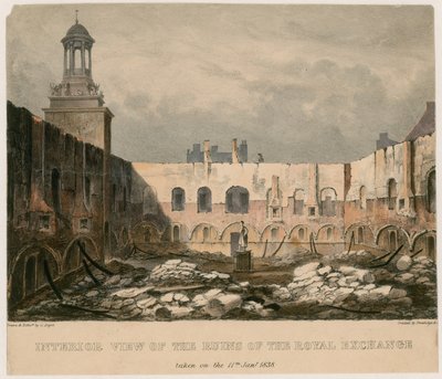 Interieur van de ruïnes van de Royal Exchange, Londen, genomen op 11 januari 1838 door English School