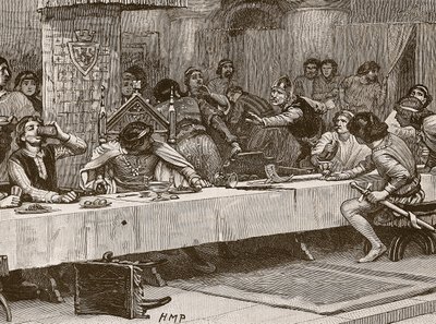 Onderbreking van Balliols kerstdiner, illustratie uit Cassells Geïllustreerde Geschiedenis van Engeland door English School