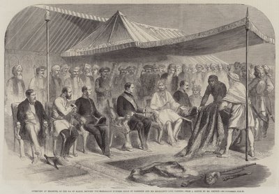 Interview in Sealkote, op 9 maart, tussen de Maharajah Rumbeer Singh van Kasjmir en Zijne Excellentie Lord Canning (gravure) door English School