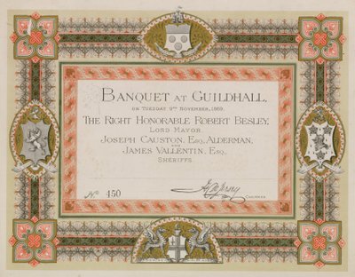 Uitnodiging voor een banket in de Guildhall, Londen, op 9 november 1869 door English School