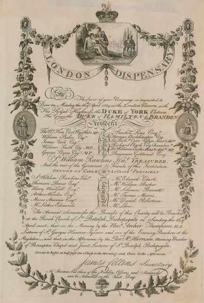 Uitnodiging voor een diner gehouden door de London Dispensary in de London Tavern, 16 april 1804 door English School