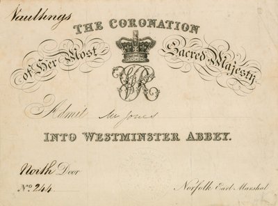 Uitnodiging voor de kroning van Hare Heilige Majesteit in Westminster Abbey, 28 juni 1838 door English School