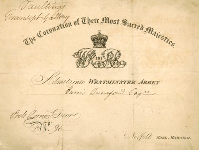 Uitnodiging voor de kroning van Koning Willem IV en Koningin Adelaide door English School