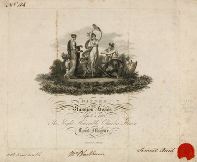 Uitnodiging voor het diner van de Lord Mayor in het Mansion House, Londen, 3 april 1809 door English School