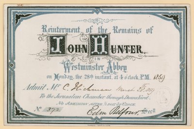 Uitnodiging voor de herbegrafenis van de overblijfselen van John Hunter in Westminster Abbey, Londen, 28 maart 1859 door English School
