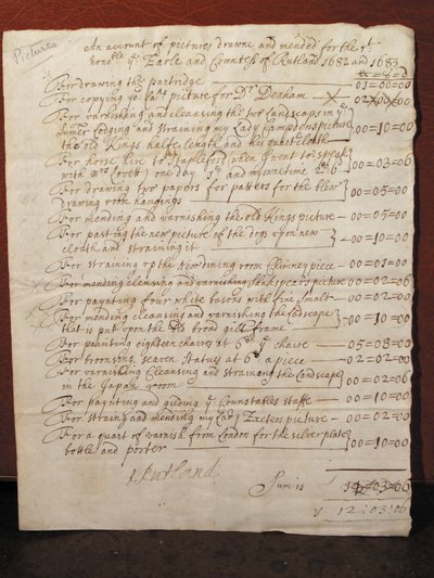 Factuur voor het schoonmaken van een portret van William Shakespeare, ca. 1682 door English School