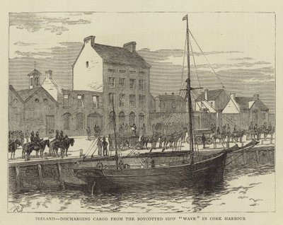 Ierland, lossen van lading van het geboycotte schip "Wave" in de haven van Cork door English School