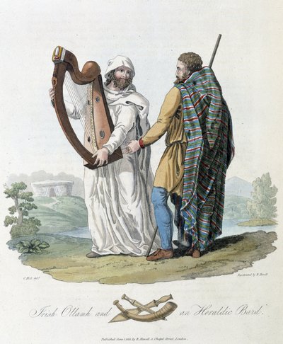 Ierse bard en reiziger - in Kelten en Goten, gebruiken van de inwoners van de Britse Eilanden van het begin van de 6e eeuw en de Gotische naties van de westkust van de Oostzee, door S.R. Meyrick en Ch. Smith door English School