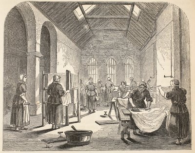 Strijkkamer in de Brixton-gevangenis, illustratie uit The Criminal Prisons of London and Scenes from Prison Life door Henry Mayhew en John Binny, uitgegeven 1862 door English School