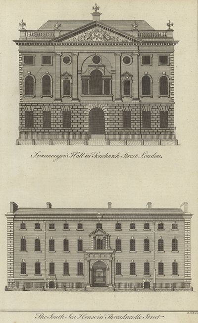 Ironmongers Hall, Fenchurch Street en het South Sea House, Threadneedle Street, Londen door English School
