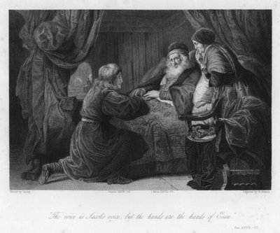 Isaak zegent Jakob, Genesis XXVII, 22 (gravure) door English School