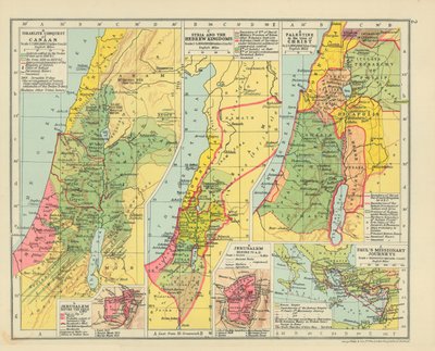 Israëlitische verovering van Kanaän. Jeruzalem voor de Ballingschap. Syrië en de Hebreeuwse koninkrijken (kleurenlitho) door English School