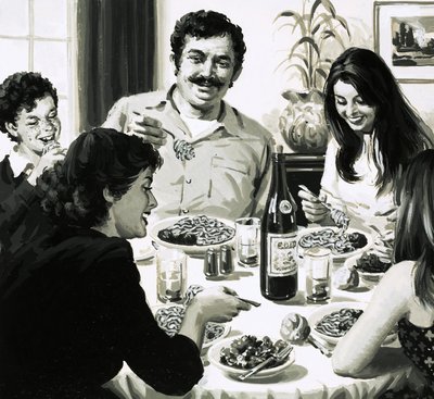 Italiaanse familie eet spaghetti voor het avondeten door English School