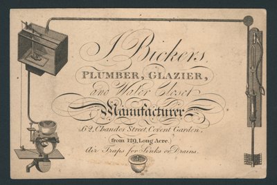 J Bickers, loodgieter, glazenmaker en waterclosetfabrikant, 62 Chandos Street, Covent Garden, handelskaart door English School