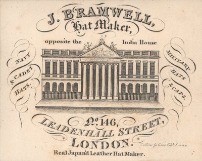 J Branwell, hoedenmaker, 146 Leadenhall Street, handelskaart door English School