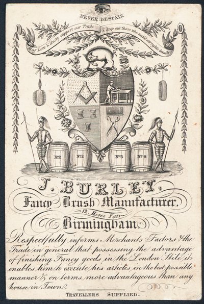 J Burley, fabrikant van luxe borstels, handelskaart door English School