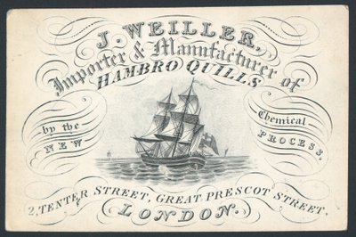 J Weiller, importeur en fabrikant van Hambro Quills, 2 Tenter Street, handelskaart door English School