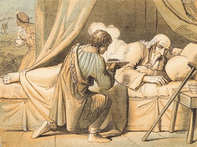 Jacob bedriegt zijn vader Isaac (gekleurde gravure) door English School