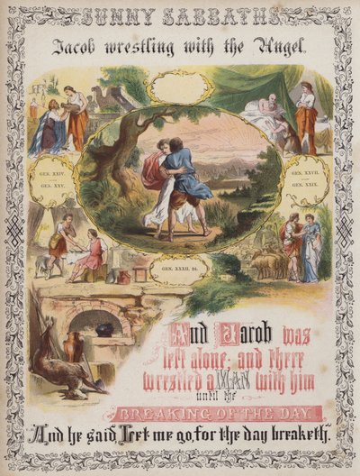 Jakob worstelt met de Engel (gekleurde gravure) door English School