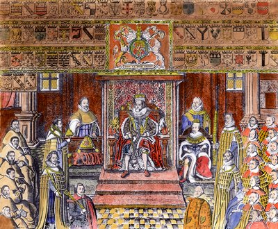 Jacob I van Engeland (1566-1625) aan het hof (later ingekleurd) door English School