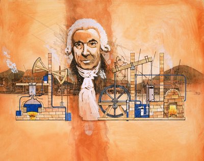 James Watt met ovens en mechanische pompen op de achtergrond door English School
