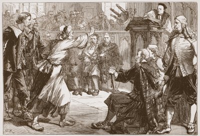 Janet Geddes gooit haar kruk naar de deken van Edinburgh, illustratie uit De Geschiedenis van het Protestantisme door James Aitken Wylie, 1878 door English School