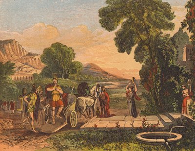 Jefta begroet door zijn dochter na het verslaan van de Ammonieten (kleur litho) door English School
