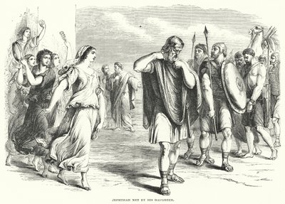 Jephthah wordt begroet door zijn dochter (gravure) door English School