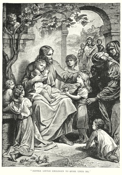 Jezus Christus en de kinderen (gravure) door English School