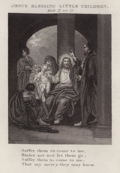 Jezus zegent kleine kinderen, Marcus X, vers 15 (gravure) door English School