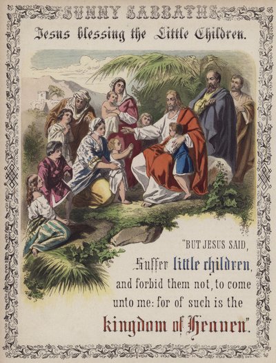 Jezus zegent de kleine kinderen (gekleurde gravure) door English School