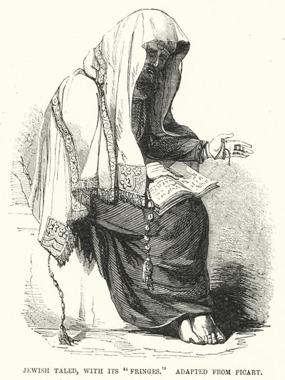 Joodse taled, met zijn "Fringes," aangepast van Picart (gravure) door English School
