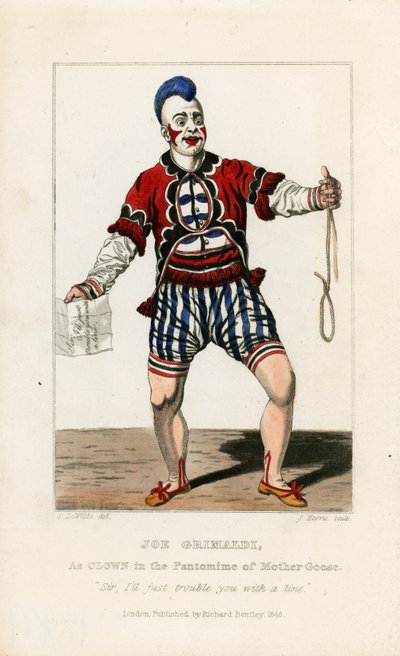 Joe Grimaldi, als clown in de pantomime van Moeder Gans door English School