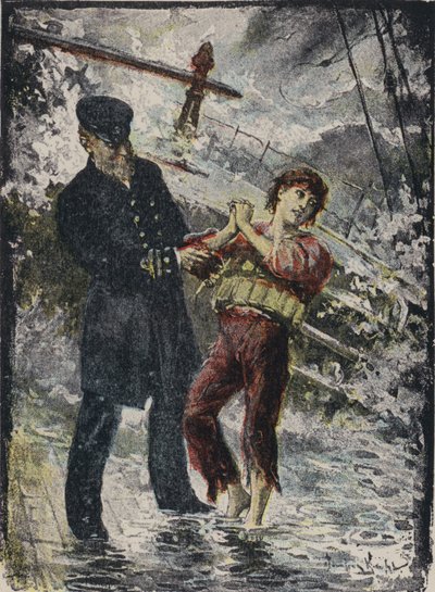 John Alexander Strachan, kapitein van het stoomschip Cyprian, geeft zijn reddingsvest aan een jonge verstekeling voordat het schip verging in een storm voor de kust van Wales in 1881 door English School