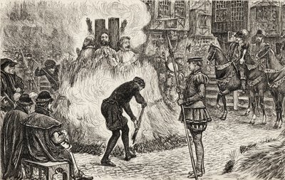 John Bland, John Frankesh, Nicholas Sheterden en Humphrey Middleton levend verbrand wegens ketterij in de 16e eeuw, c.1865 (houtsnede) door English School