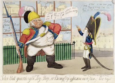 John Bull Bewaakt de Speelgoedwinkel, of Boney Huilt om Meer Speelgoed, uitgegeven door S.W. Fores, 1803 door English School
