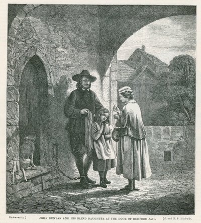 John Bunyan en zijn blinde dochter bij de deur van Bedford Jail door English School