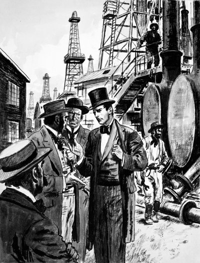 John D Rockefeller en Samuel Andrews, een kaarsenmaker, zagen de toekomst in het raffineren van aardolie uit bronnen door English School