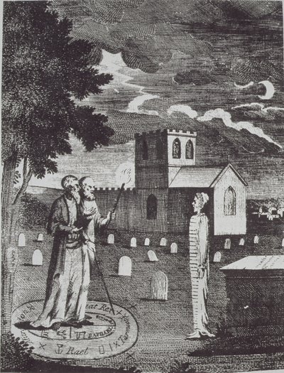 John Dee en Edward Kelly die de doden oproepen, uit een Geschiedenis van de Magie, gepubliceerd eind 19e eeuw door English School